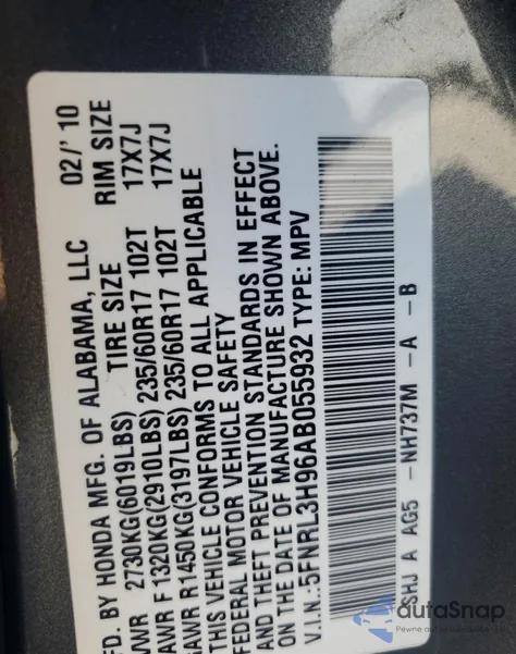 2010 Honda Odyssey Touring z USA, uszkodzony, nr VIN 5FNRL3H96AB055932